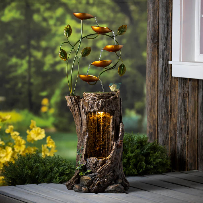 Stump Fountain w/Leaves and LED Lights